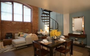 Loft apartment living room and staircase at Shadyside Commons in Pittsburgh